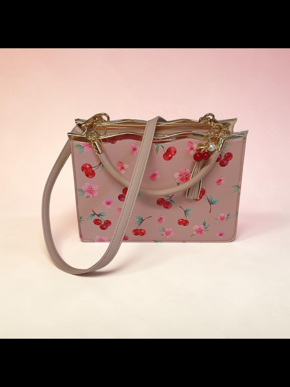 🍒NWOT! Pink Cherry Print Tote Bag with Gold Accents